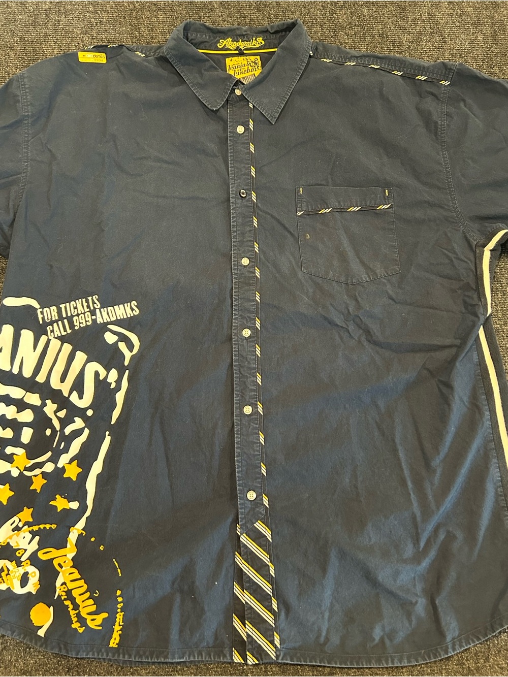 Akademiks Navy Button-Down Shirt with Yellow Graphic Trim